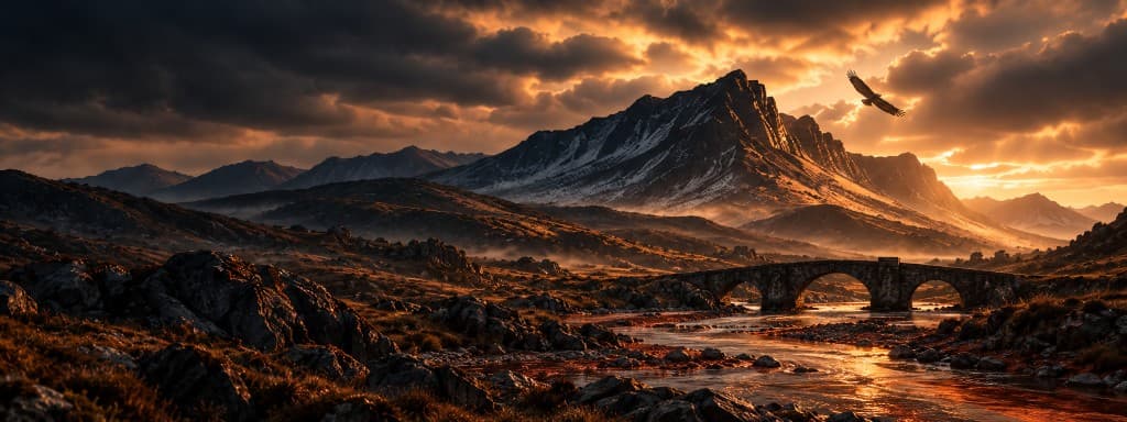 Stone bridge over a river beneath a sunlit mountain ridge